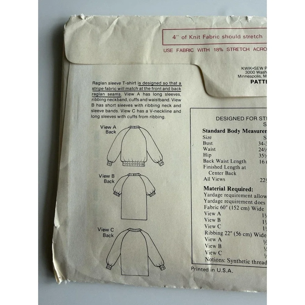 Vintage Kwik Sew Misses' T-Shirt Pattern 1084 Size S-M-L-XL New Sealed Deadstock